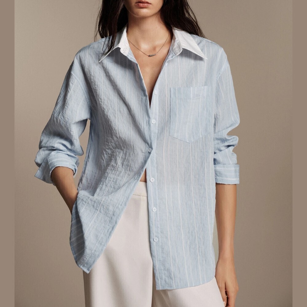 Sky Blue Striped Textured Contrast Collar Long Sleeve Button Down Shirt